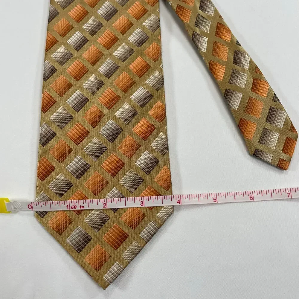 Vintage Bruno Conte Silk Necktie Geometric Check Tan Gold Orange Brown Mens 4